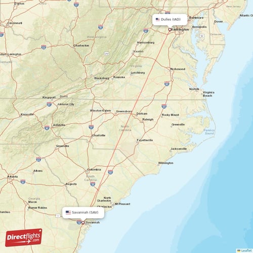 Savannah - Dulles direct flight map