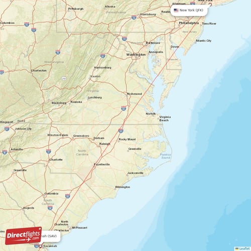 Savannah - New York direct flight map
