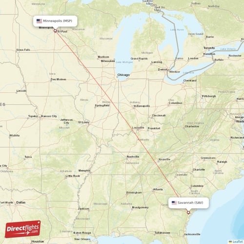 Savannah - Minneapolis direct flight map
