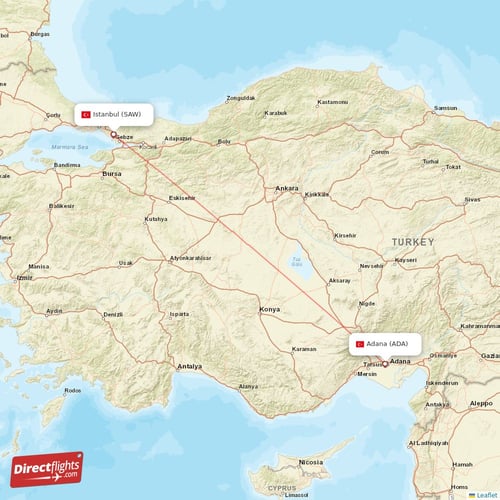 Istanbul - Adana direct flight map