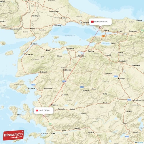 Istanbul - Izmir direct flight map