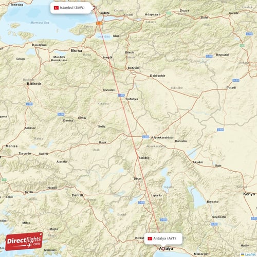 Istanbul - Antalya direct flight map