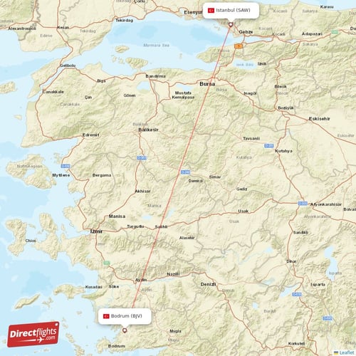 Istanbul - Bodrum direct flight map