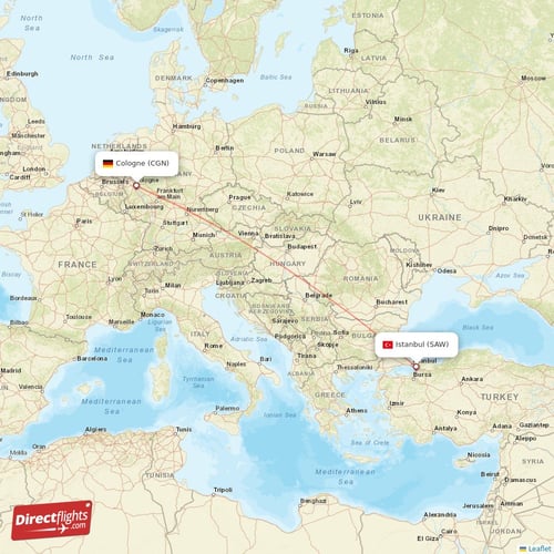 Istanbul - Cologne direct flight map