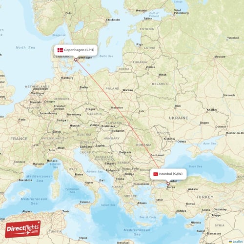 Istanbul - Copenhagen direct flight map
