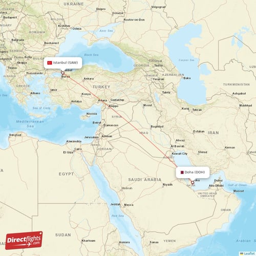 Istanbul - Doha direct flight map