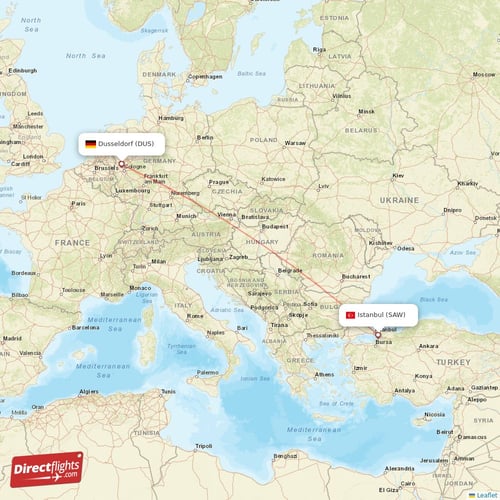 Istanbul - Dusseldorf direct flight map