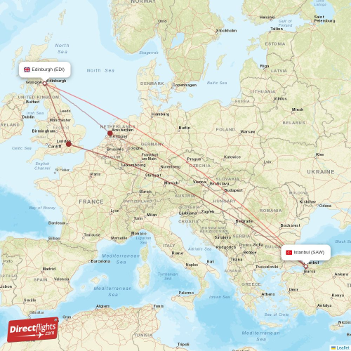 Istanbul - Edinburgh direct flight map