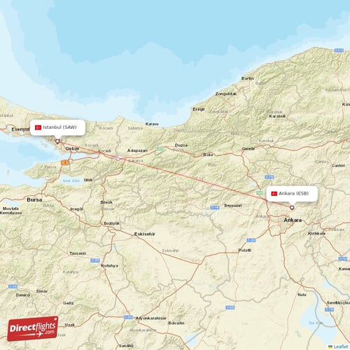 Istanbul - Ankara direct flight map