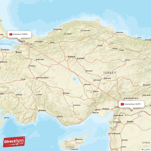 Istanbul - Gaziantep direct flight map