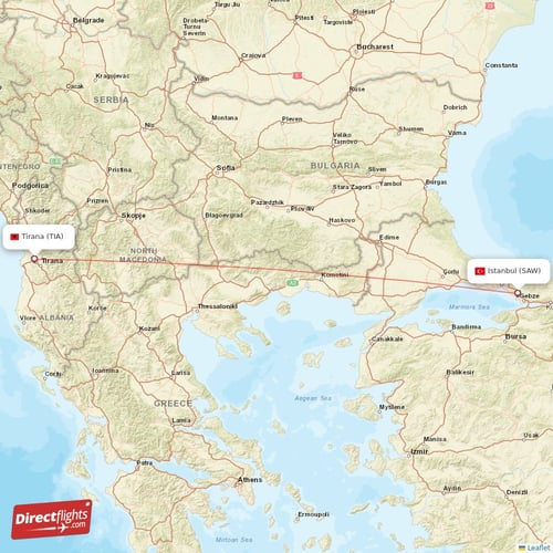 Istanbul - Tirana direct flight map