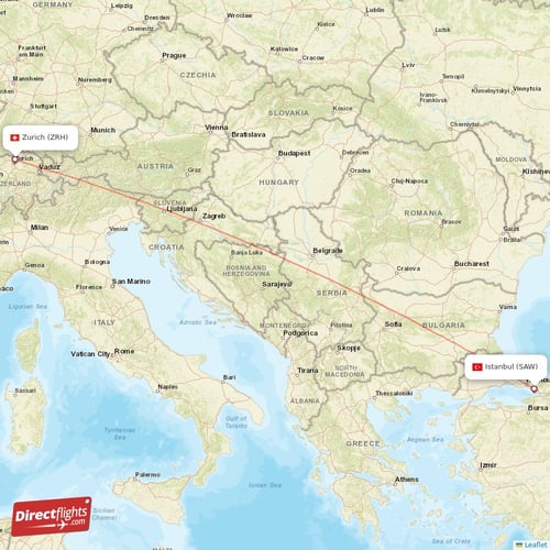 Istanbul - Zurich direct flight map
