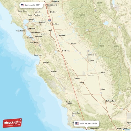 Santa Barbara - Sacramento direct flight map