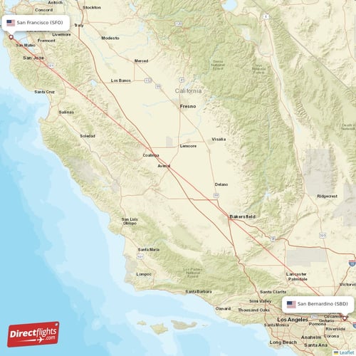 San Bernardino - San Francisco direct flight map