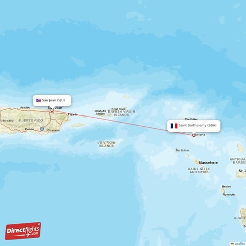 Saint Barthelemy - San Juan direct flight map