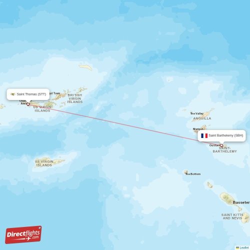 Saint Barthelemy - Saint Thomas direct flight map