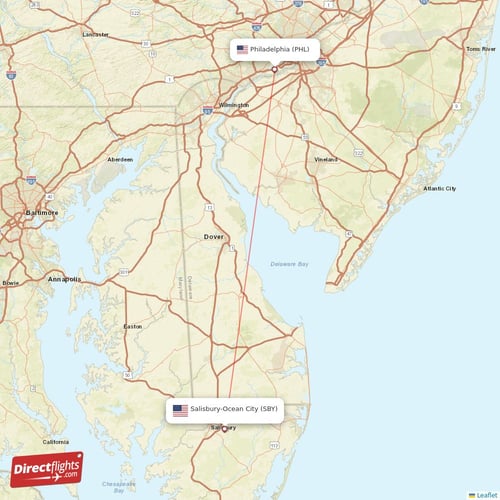 Salisbury-Ocean City - Philadelphia direct flight map