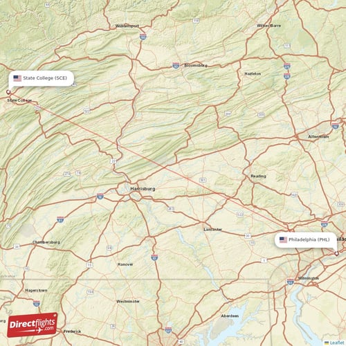 State College - Philadelphia direct flight map