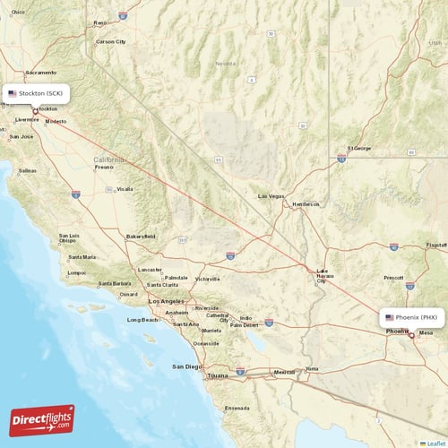 Stockton - Phoenix direct flight map