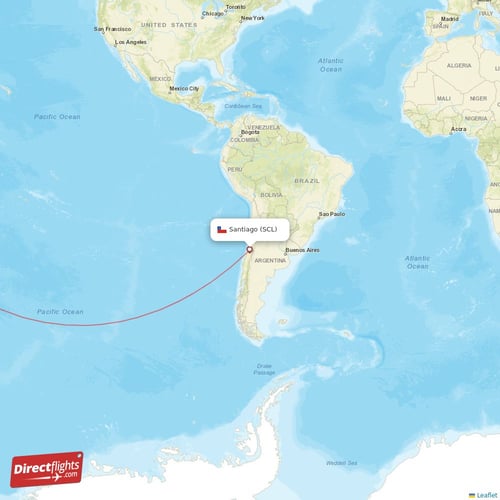 Santiago - Auckland direct flight map