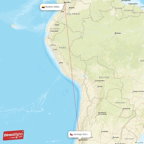 Santiago - Medellin direct flight map