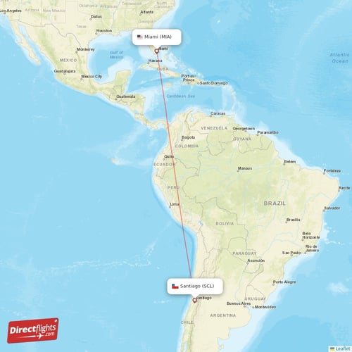 Santiago - Miami direct flight map