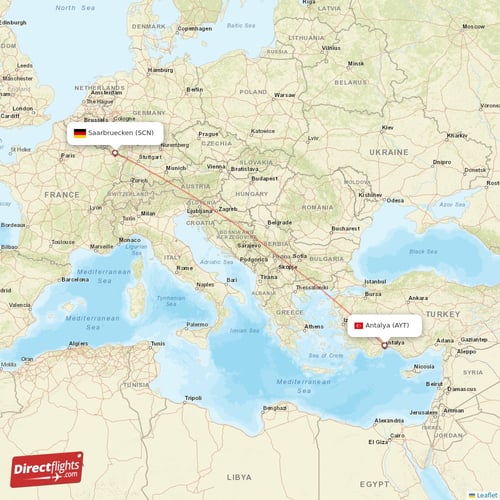 Saarbruecken - Antalya direct flight map