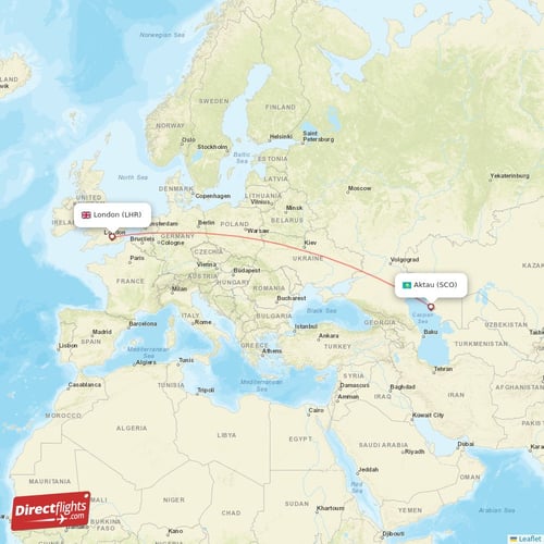Aktau - London direct flight map