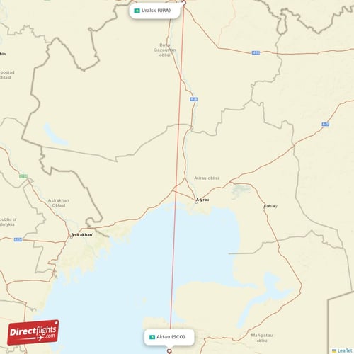 Aktau - Uralsk direct flight map
