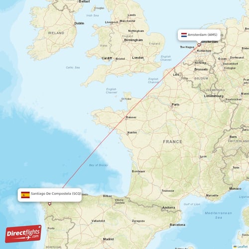 Santiago De Compostela - Amsterdam direct flight map