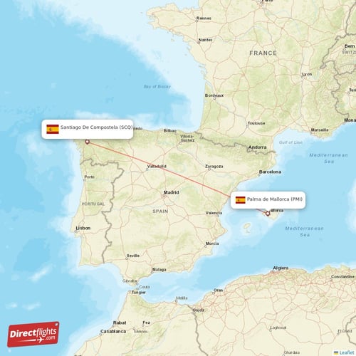 Santiago De Compostela - Palma de Mallorca direct flight map