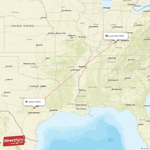 Louisville - Austin direct flight map