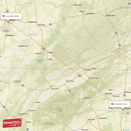 Louisville - Charlotte direct flight map