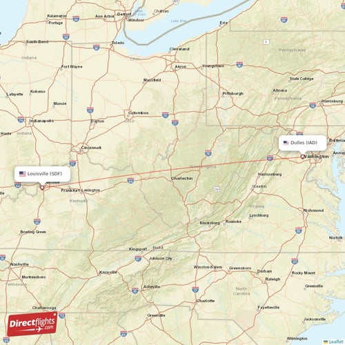 Louisville - Dulles direct flight map