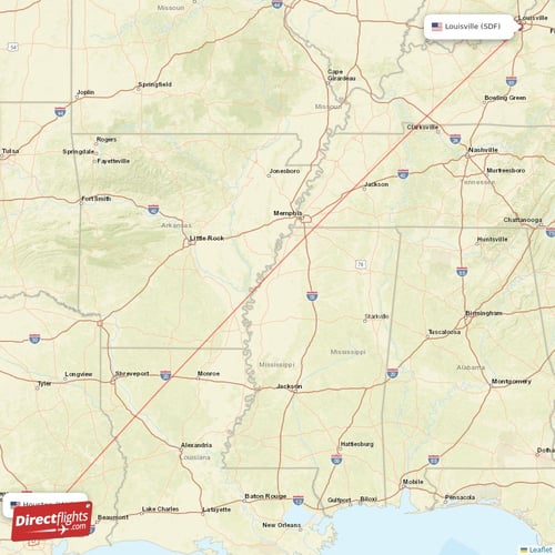 Louisville - Houston direct flight map