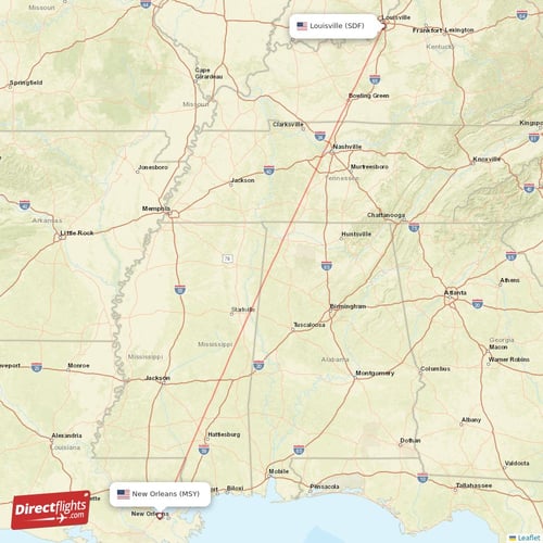 Louisville - New Orleans direct flight map