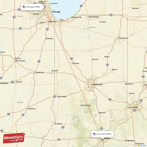 Louisville - Chicago direct flight map