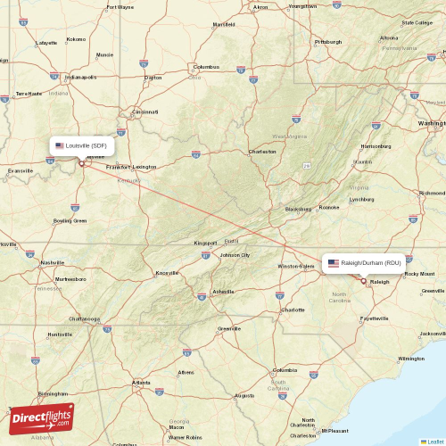 Louisville - Raleigh/Durham direct flight map