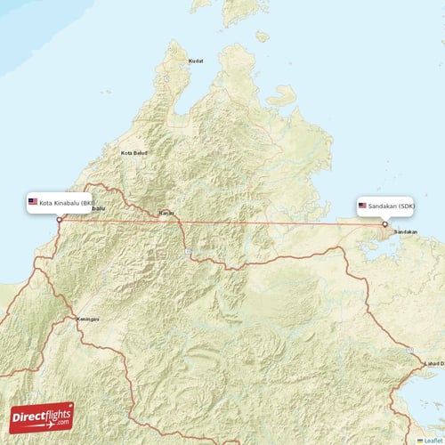 Sandakan - Kota Kinabalu direct flight map