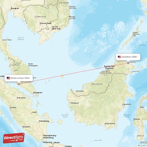 Sandakan - Kuala Lumpur direct flight map