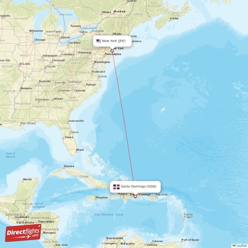 Santo Domingo - New York direct flight map