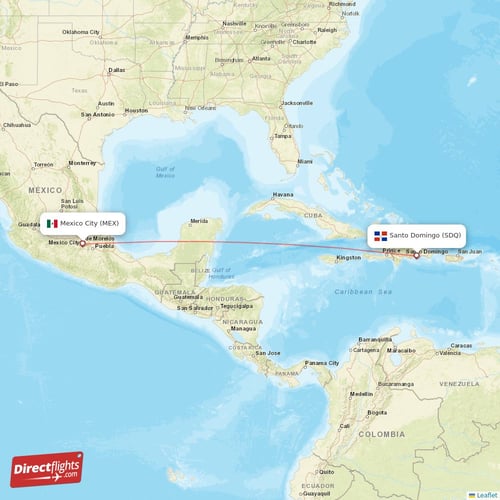 Santo Domingo - Mexico City direct flight map