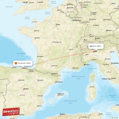 Santander - Milan direct flight map