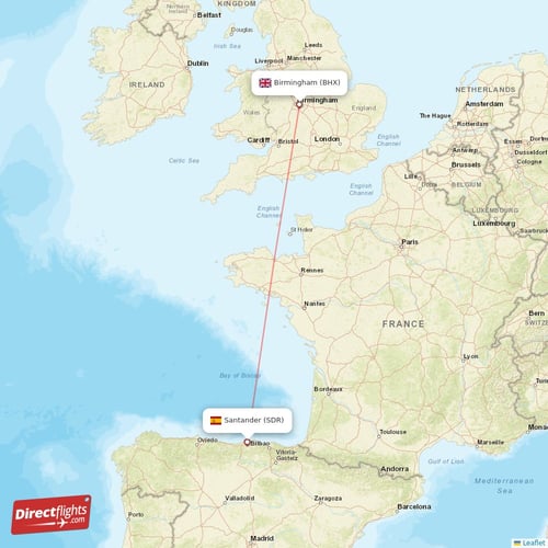 Santander - Birmingham direct flight map