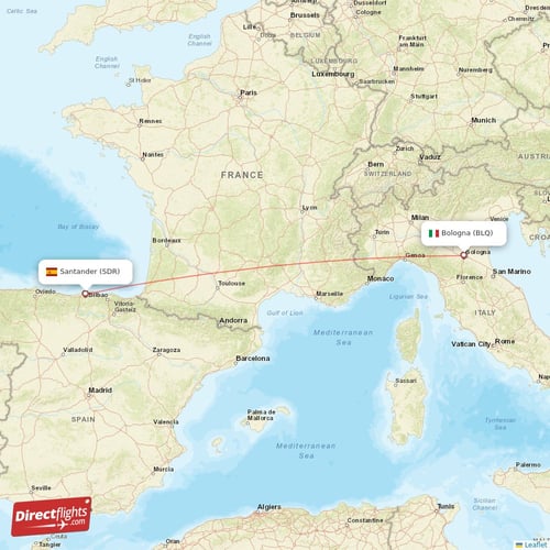 Santander - Bologna direct flight map