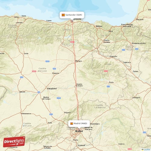 Santander - Madrid direct flight map