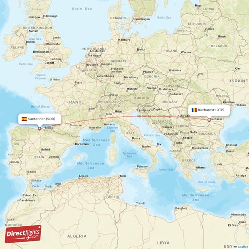 Santander - Bucharest direct flight map