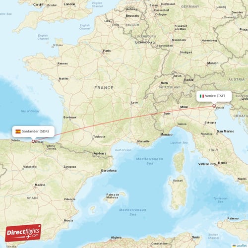 Santander - Venice direct flight map