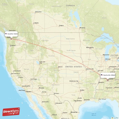 Seattle - Nashville direct flight map