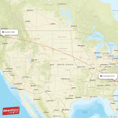 Seattle - Charlotte direct flight map